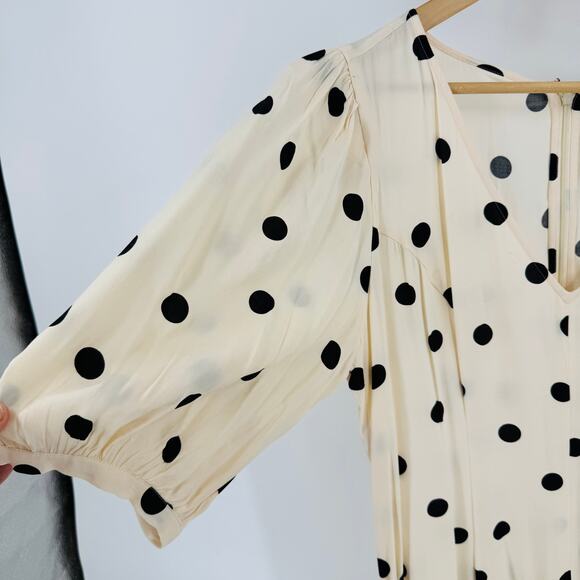 Something Navy Polka Dot V-Neck Midi Dress Chic Elbow Sleeve Feminine Vibe Sz 1 - Picture 8 of 9